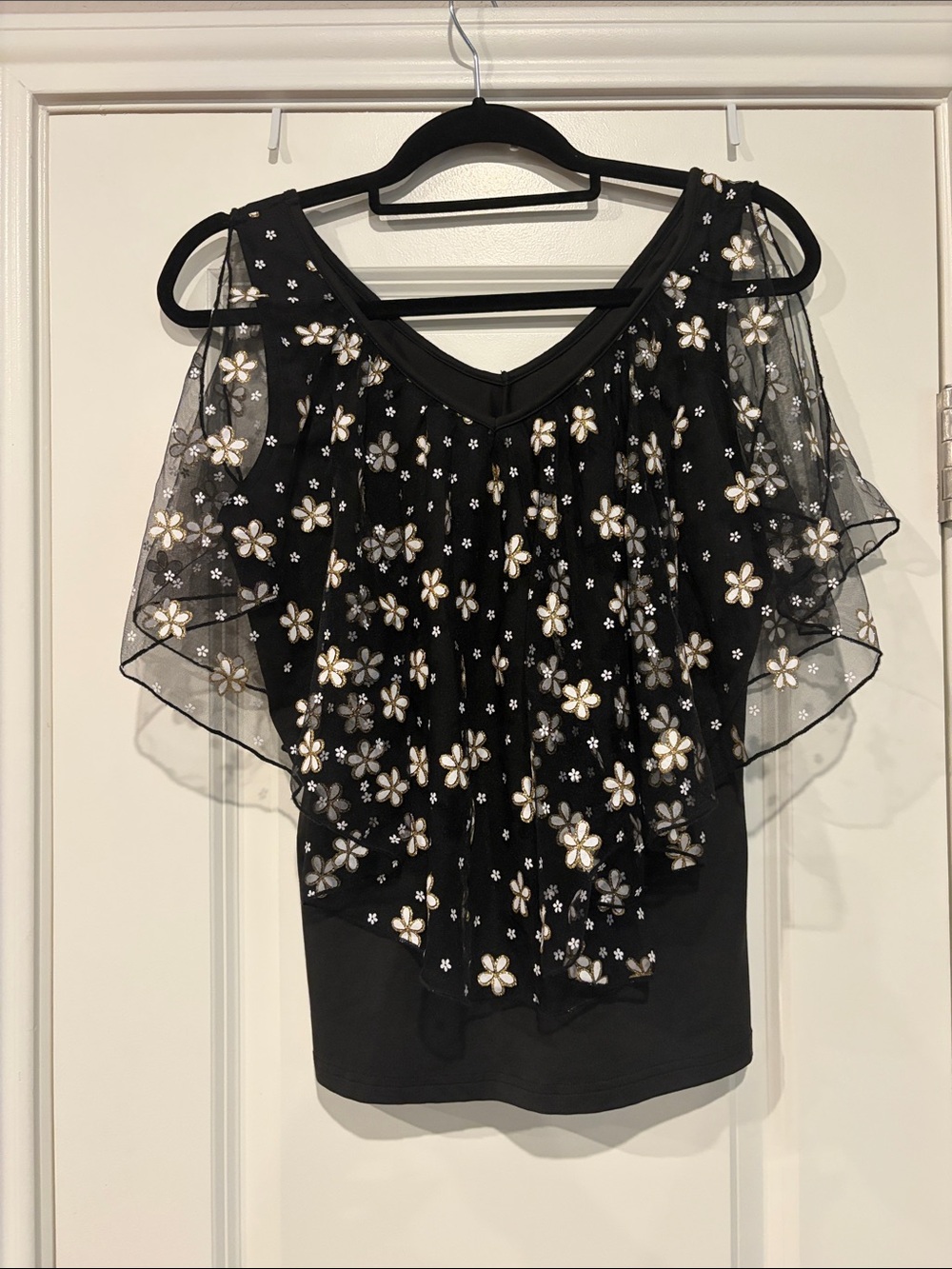 SHEIN Black Floral Sheer Applique Top with Gold Accents